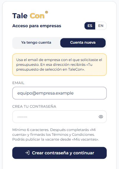 Pantalla real de acceso para empresas de TaleCon, en modo de ejemplo