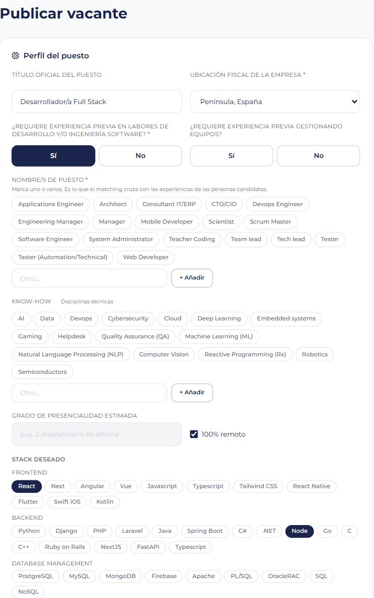 Formulario de vacante de TaleCon con datos ficticios para preparar un puesto tecnológico