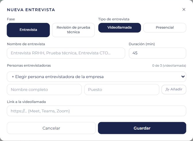 Editor de entrevista de TaleCon vacío, con modalidad, duración, participantes y enlace, sin datos de candidatos