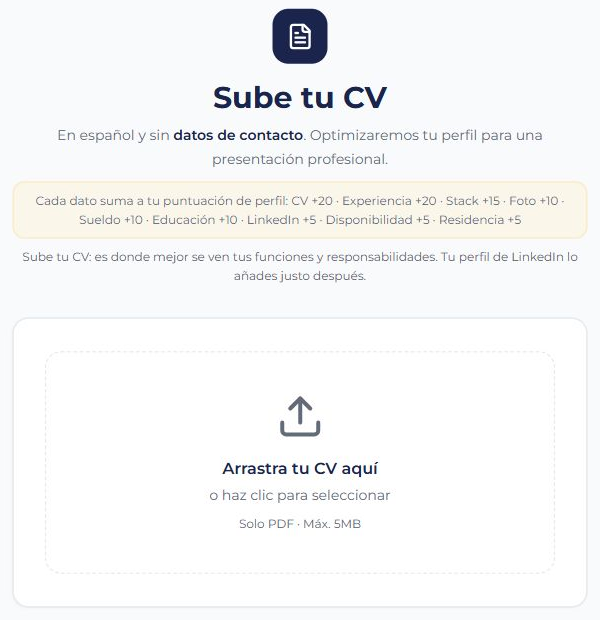 Inicio del registro de TaleCon: pantalla Sube tu CV, sin ningún currículum ni dato personal cargado